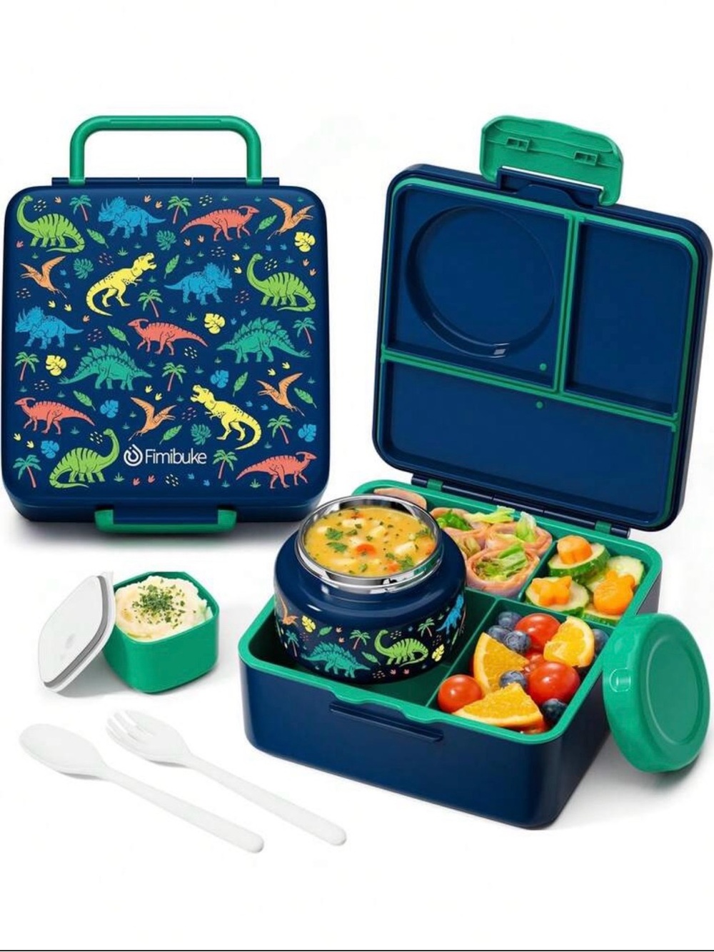 Kids Navy & Green Dinosaur Bento Lunchbox Set